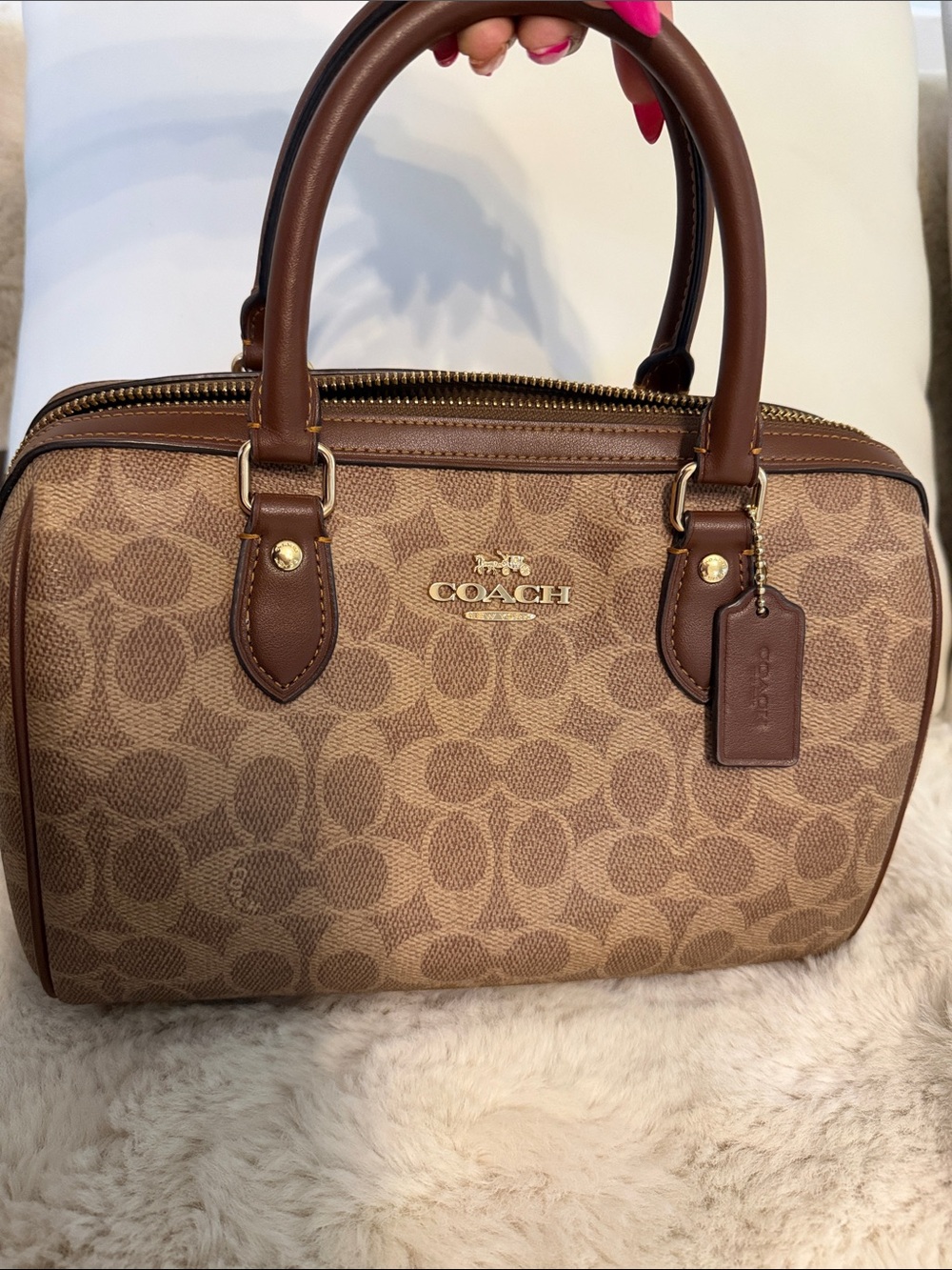 Coach Signature Canvas Satchel in Brown with Leather Trim